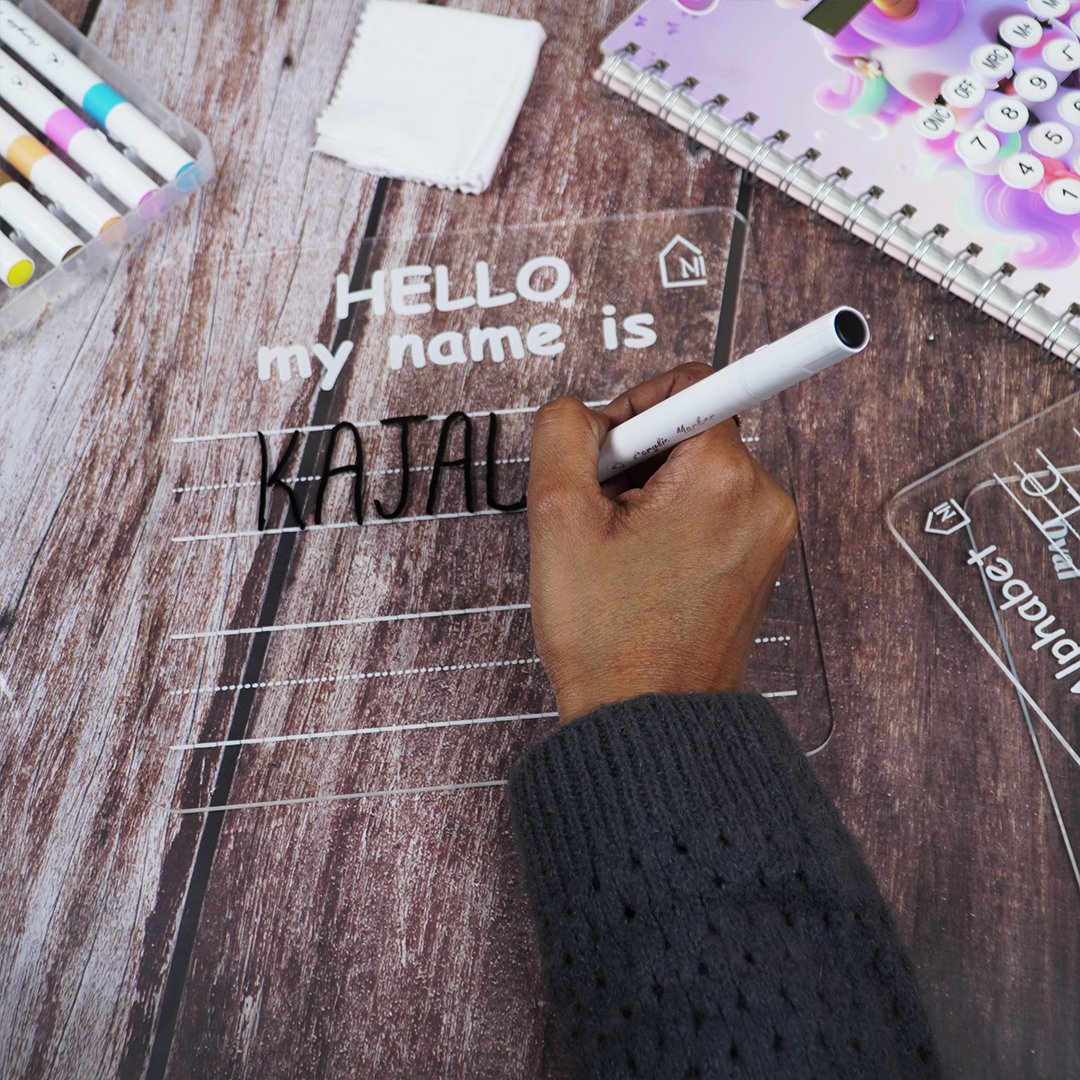 Reusable Name Writing Practice Board for Kids with pen box & Cleaning Cloth