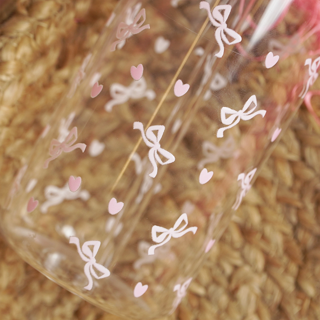 Cute Pink Bow Print Glass Tumbler with Bamboo Lid & Straw