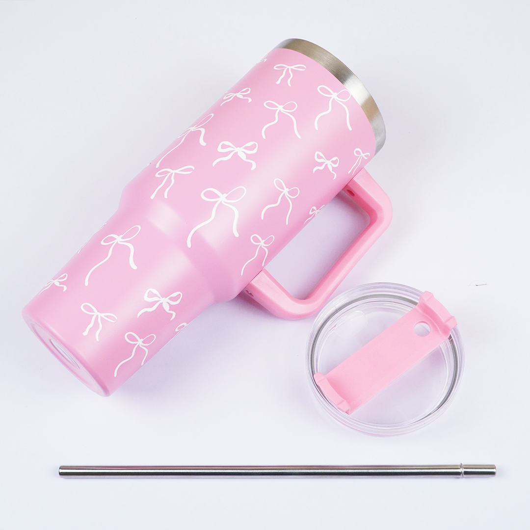 Pink Bow Insulated Tumbler with Handle & Straw