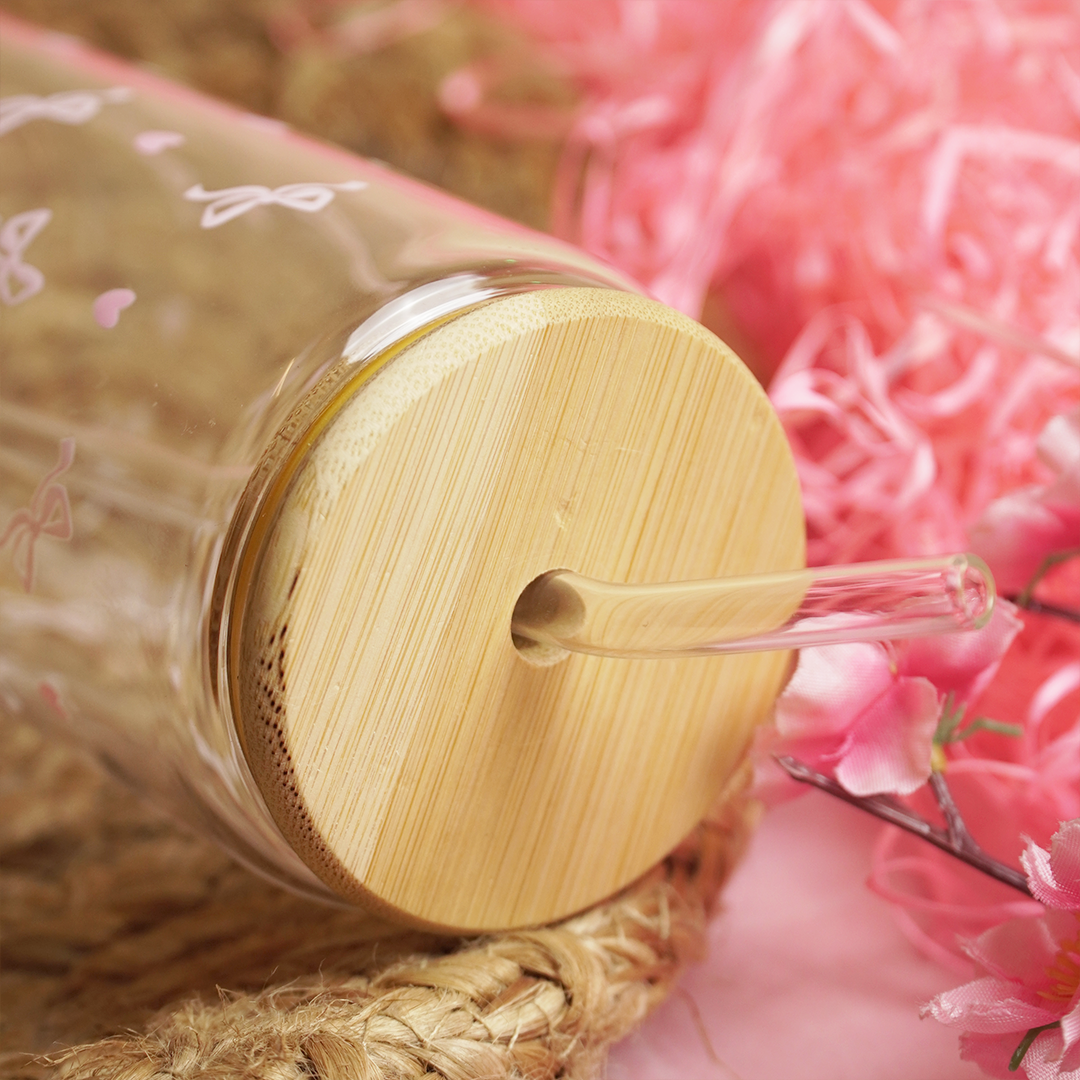 Set-2 Premium Glass Drinking Jar with Bamboo Lid & Straw