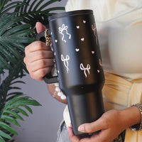 Aesthetic Bow Print Black Stainless Steel Tumbler with Floral Charm