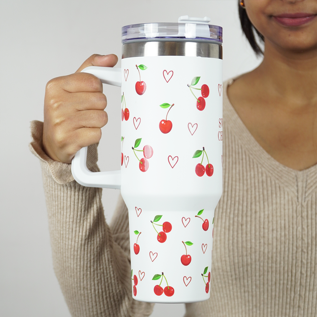 1200ml Cherry Print Insulated Stainless Steel Tumbler with Handle & Straw | Leakproof Travel Mug | Hot & Cold Beverage Cup | Height 27 cm, Width 7 cm