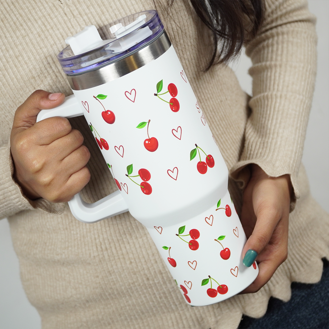 1200ml Cherry Print Insulated Stainless Steel Tumbler with Handle & Straw | Leakproof Travel Mug | Hot & Cold Beverage Cup | Height 27 cm, Width 7 cm