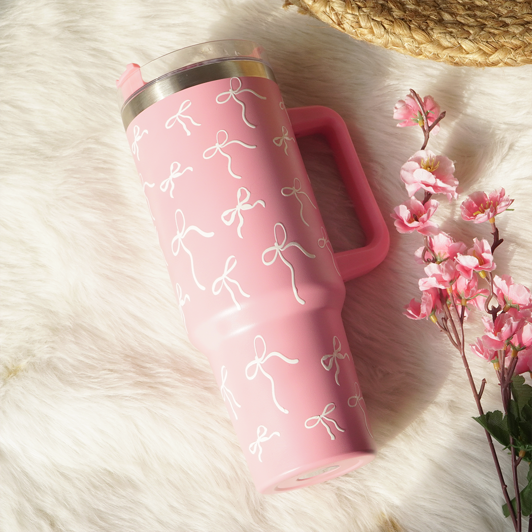 Pink Bow Insulated Tumbler with Handle & Straw