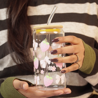 Cute Pink Strawberry Glass Sipper Bottle With Bamboo Lid & Straw
