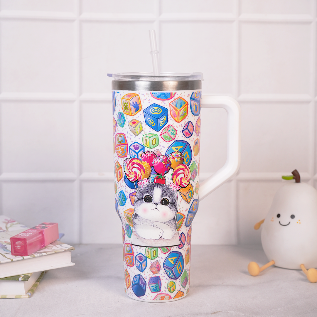 Candy Pop Kitty Stainless Steel Tumbler with Handle & Straw