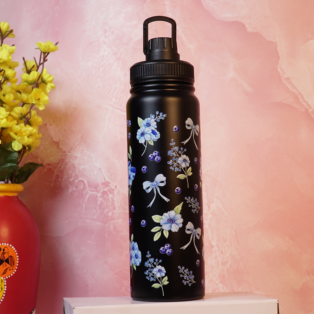 Black Floral Print Stainless Steel Water Bottle