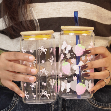 Set-2 Premium Glass Drinking Jar with Bamboo Lid & Straw