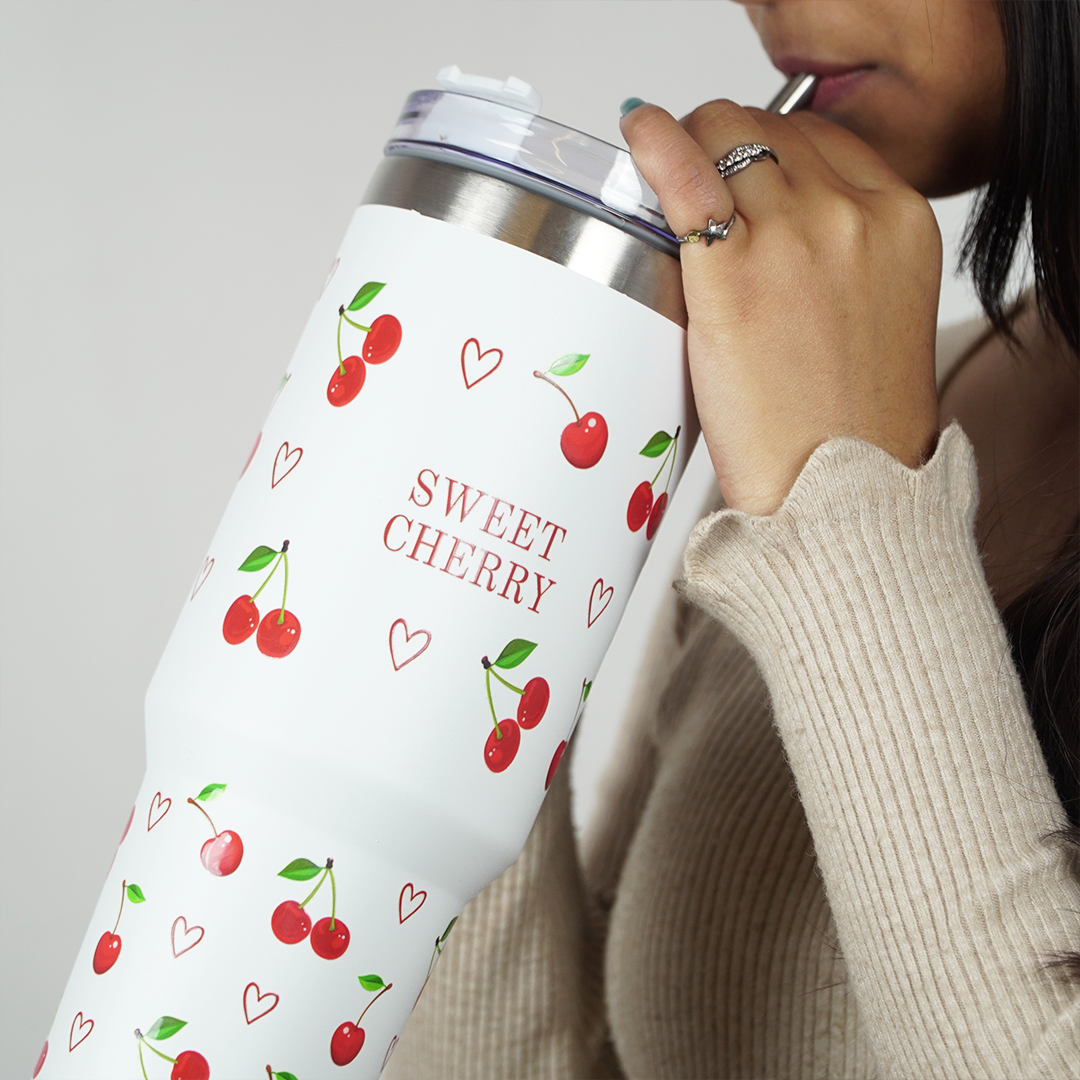 1200ml Cherry Print Insulated Stainless Steel Tumbler with Handle & Straw | Leakproof Travel Mug | Hot & Cold Beverage Cup | Height 27 cm, Width 7 cm