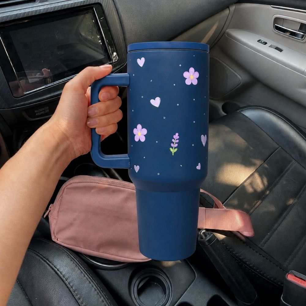 Purple Floral 40 OZ Tumbler with Handle & Leakproof Lid |