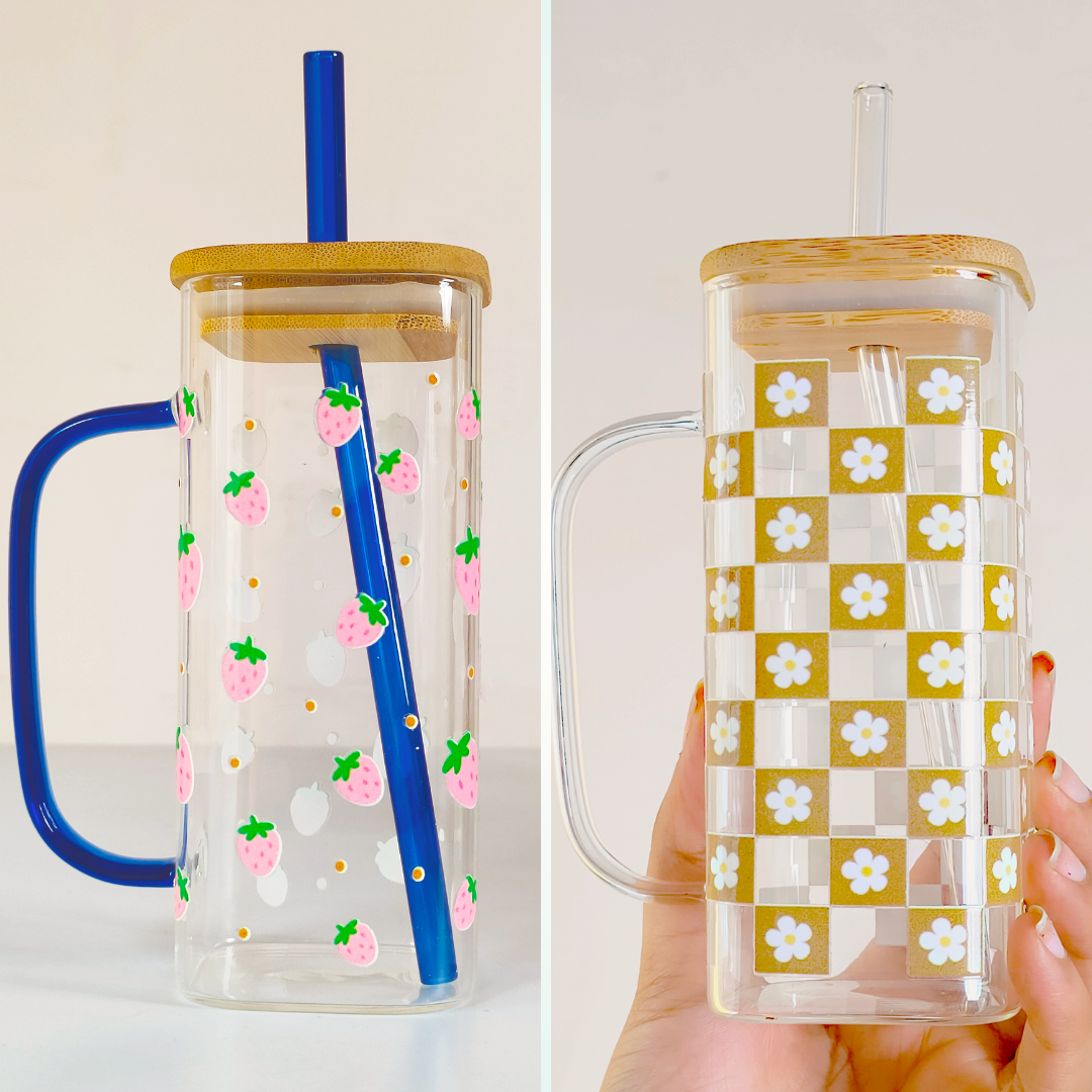 Premium Glass Tumblers with Bamboo Lids & Handles | Strawberry & Daisy Design | Set of 2