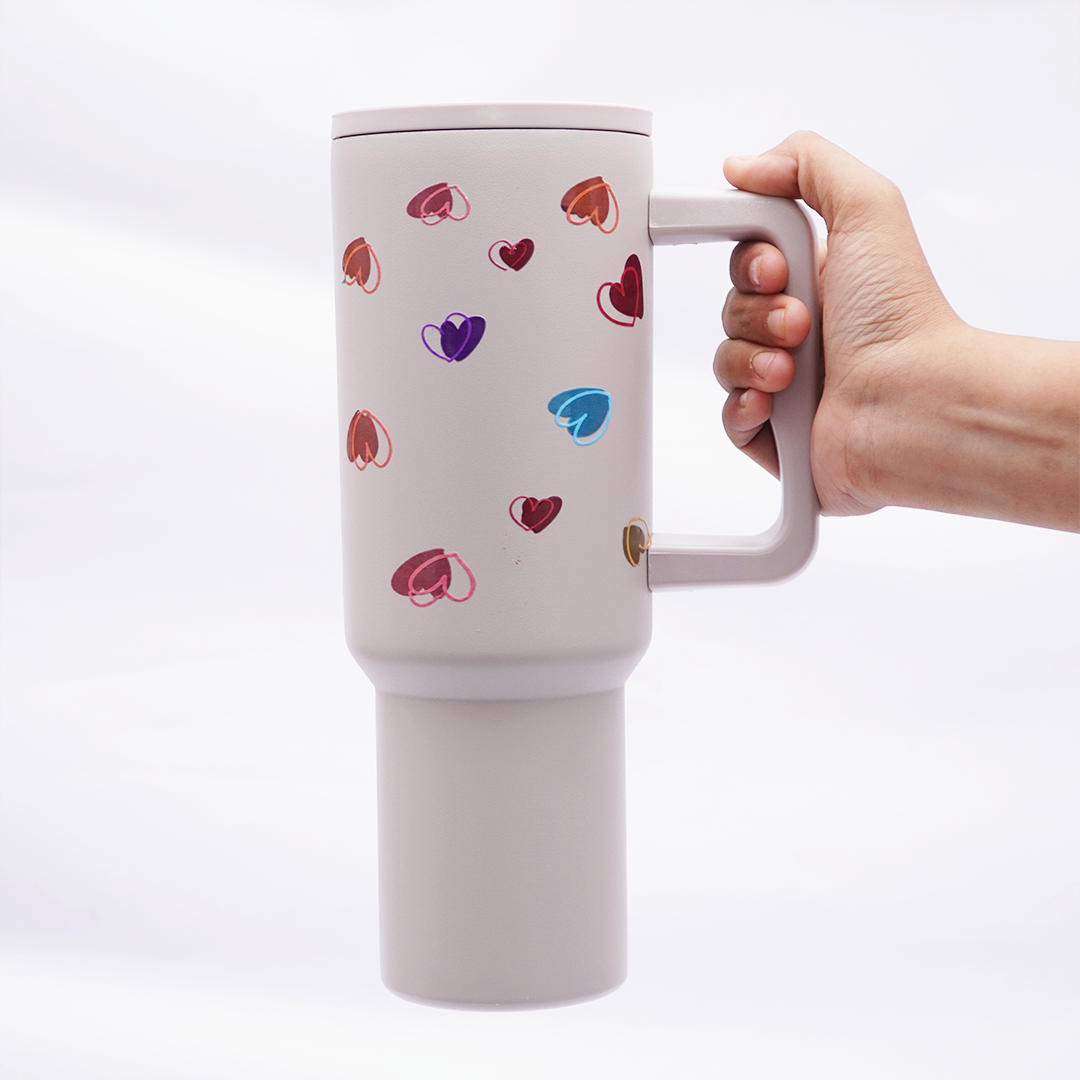 Rainbow Heart Stainless Steel Travel Tumbler with Handle | Double Wall Insulated & Leakproof