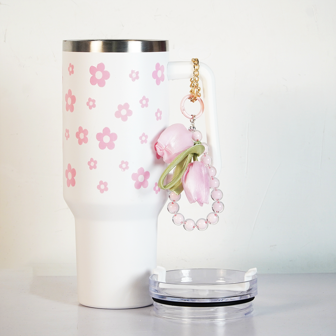 Pink Daisy Stainless Steel Tumbler with Charm | 1.2L Insulated Travel Mug