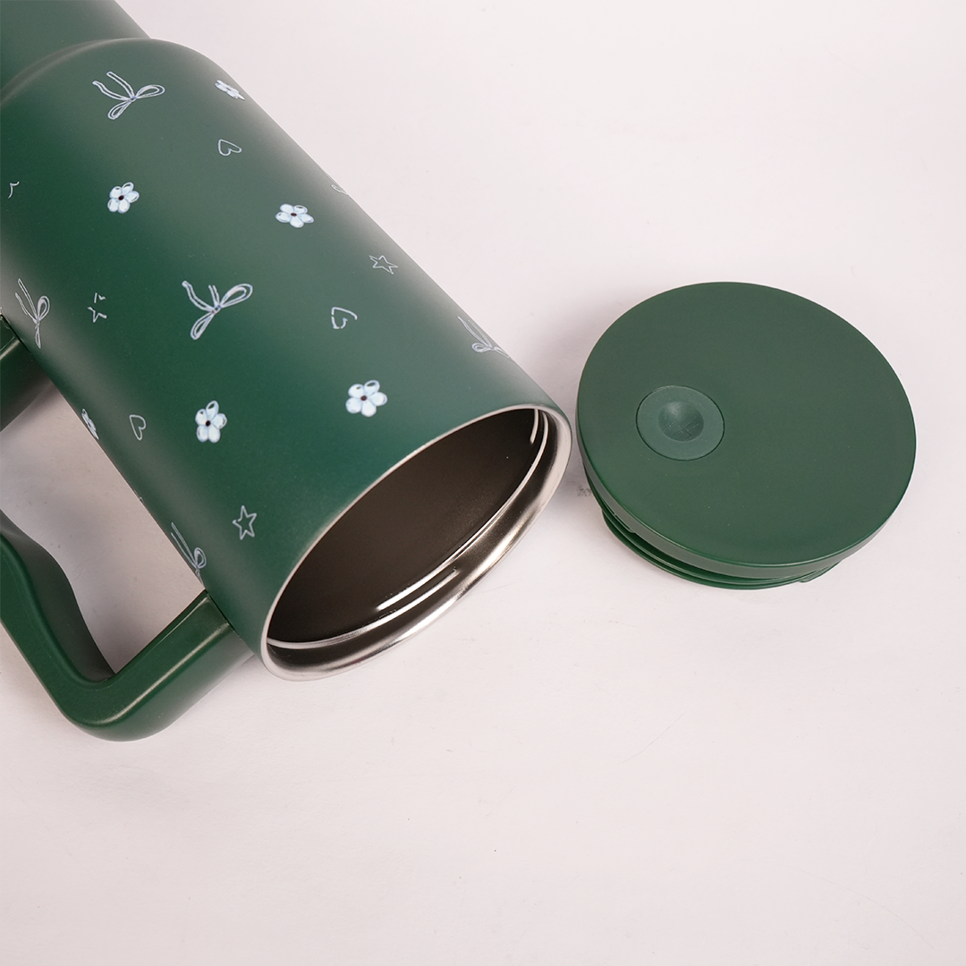 Deep Forest Green Floral & Bow Tumbler with Ergonomic Handle