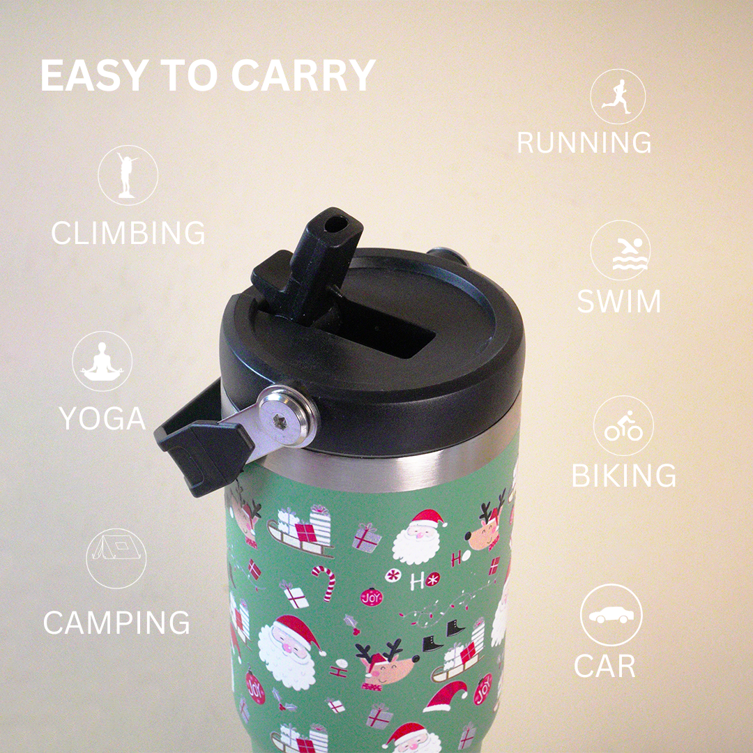 Jolly Santa & Reindeer Green Christmas Tumbler