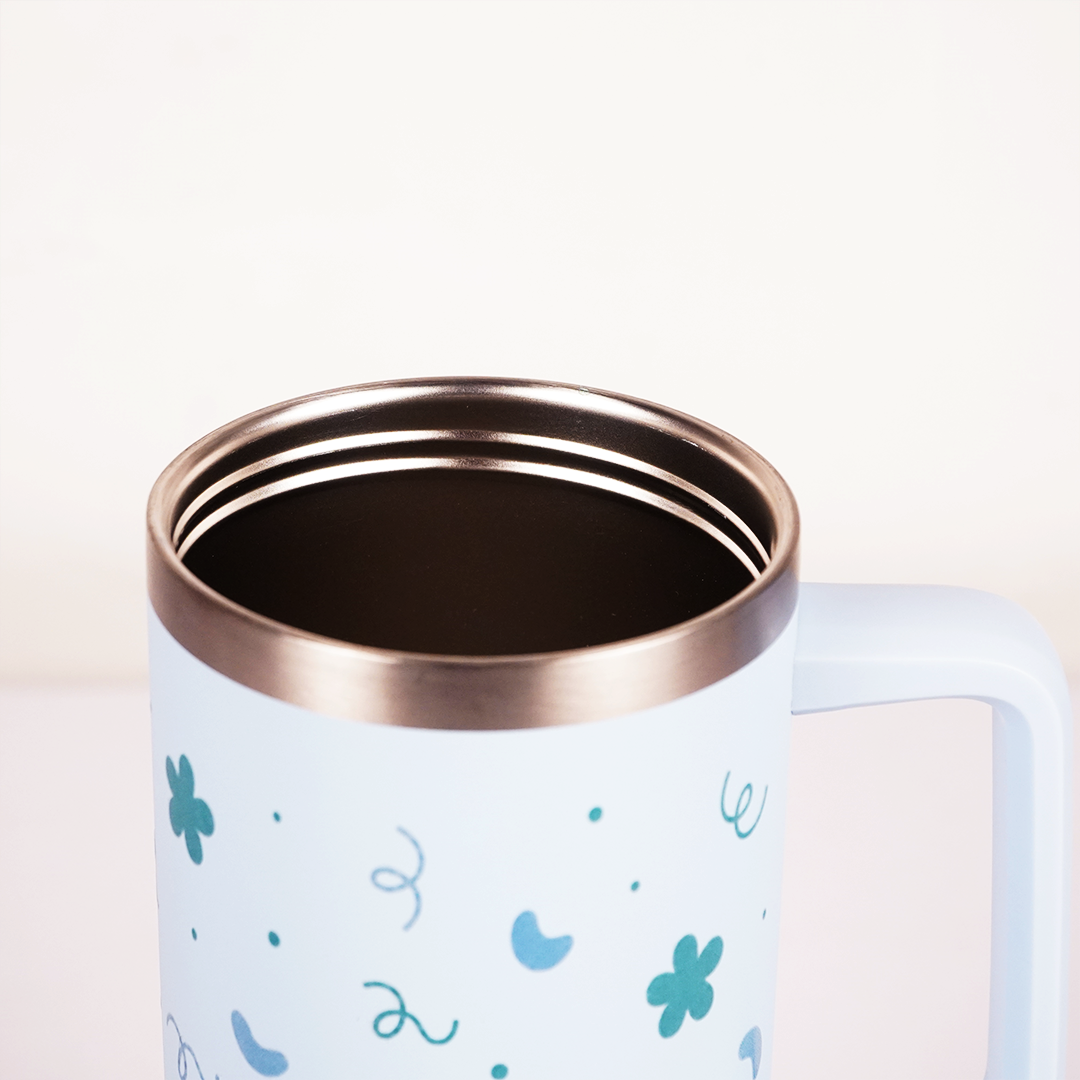 Blue Floral & Heart Print Tumbler – Insulated Travel Tumbler with Handle & Straw