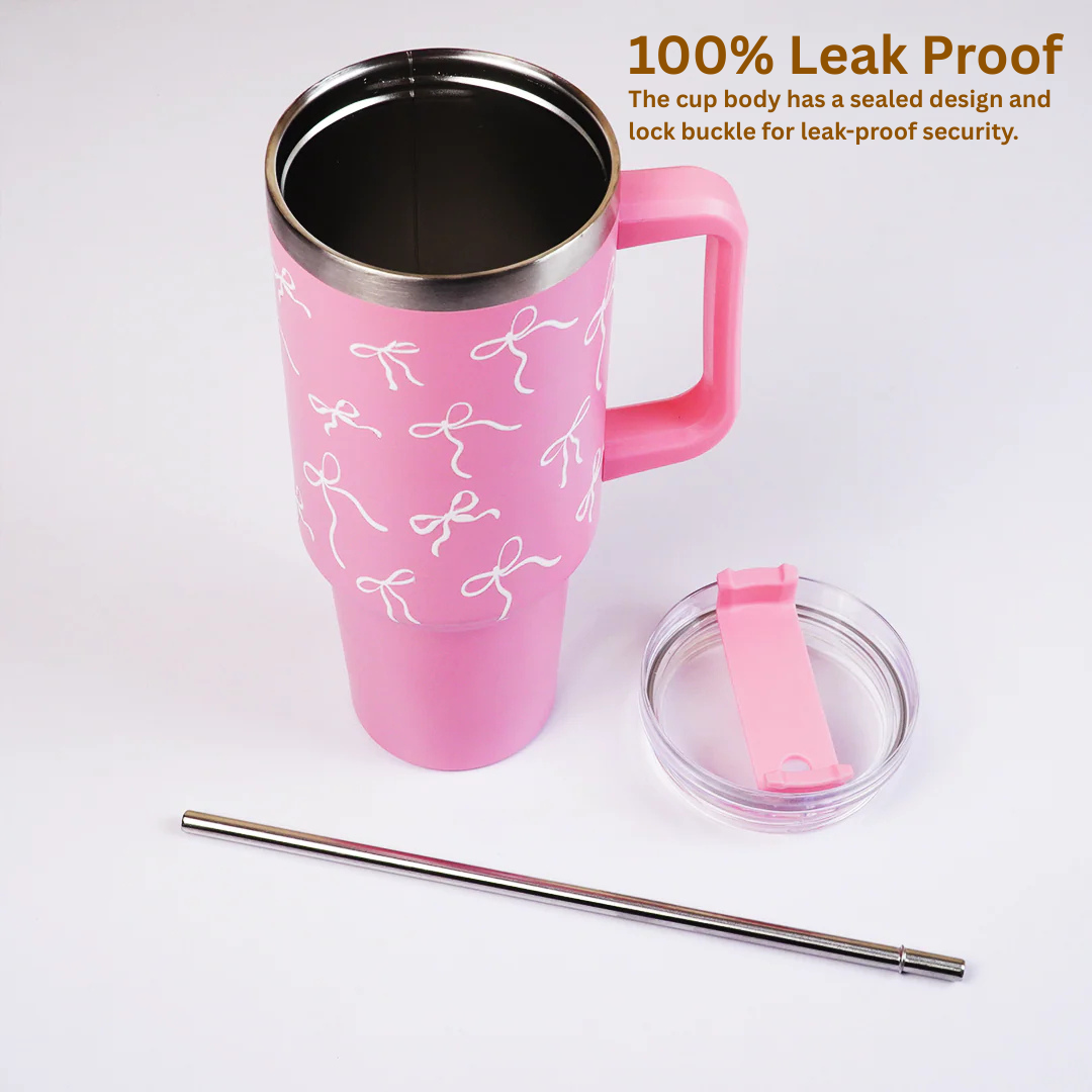 Pink Bow Insulated Tumbler with Handle & Straw