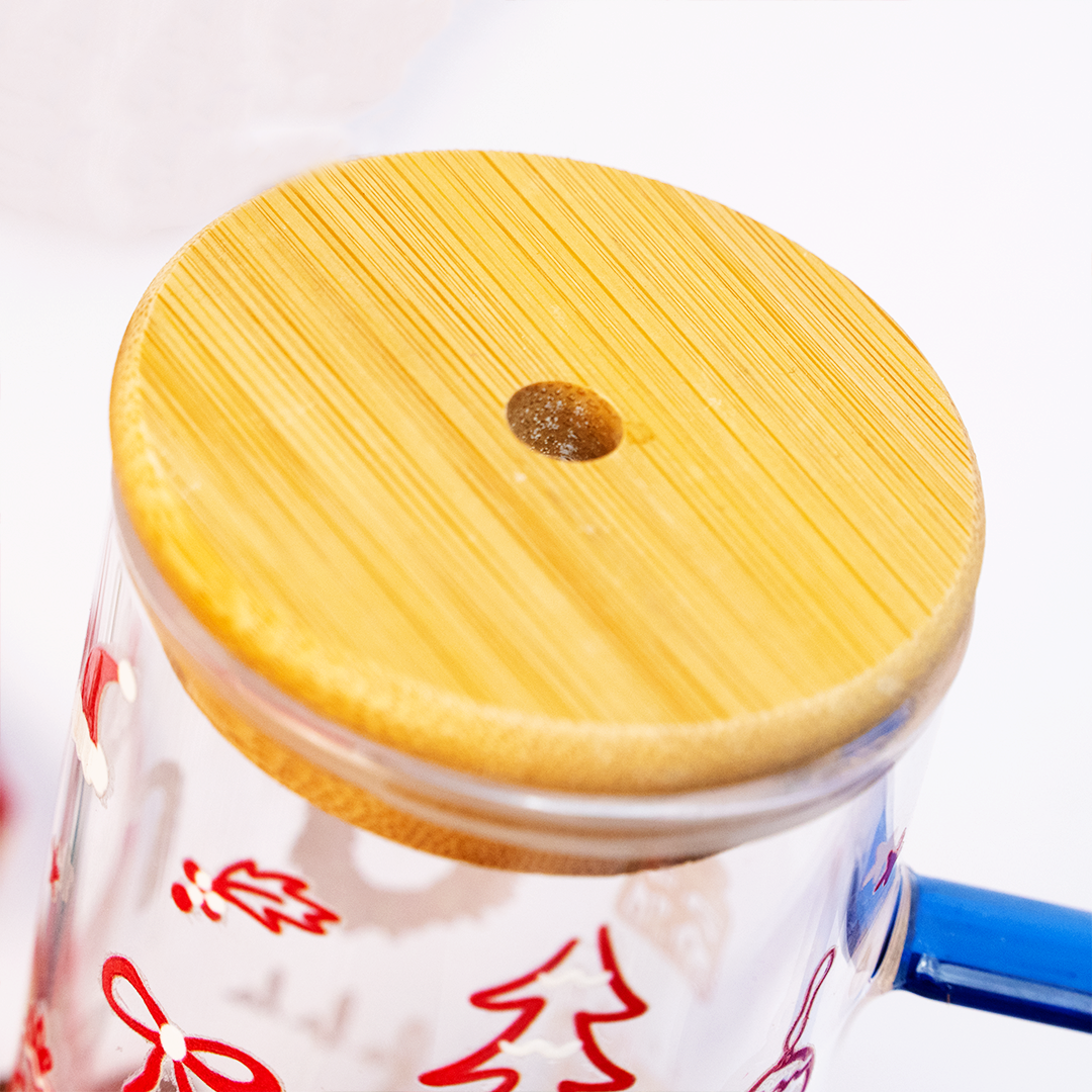 Christmas Glass Tumbler with Handle & Bamboo Lid – Set of 2 | Festive Holiday Design with Straw