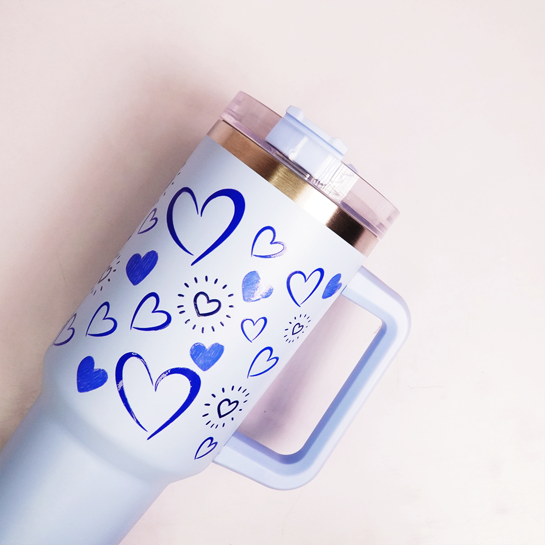 Heart Print Tumbler with Handle & Straw | Reusable Travel Water Cup | Stylish Drinkware