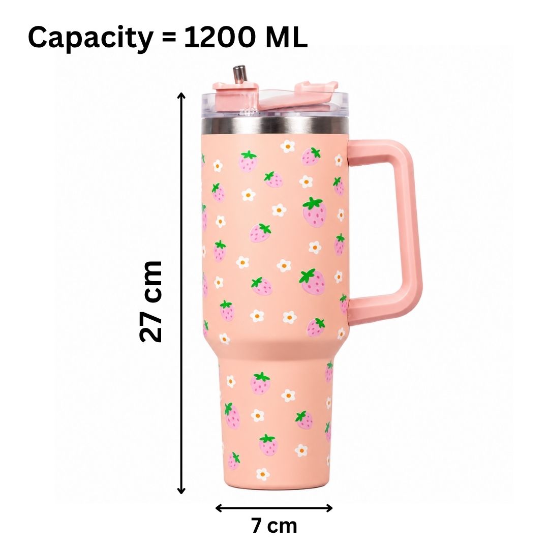 Peach Strawberry Tumbler with Straw & Handle – Cute Pink Fruit Print Travel Tumbler