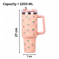 Peach Strawberry Tumbler with Straw & Handle – Cute Pink Fruit Print Travel Tumbler