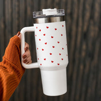 Cute Red Heart Print White Stainless Steel Tumbler with Handle