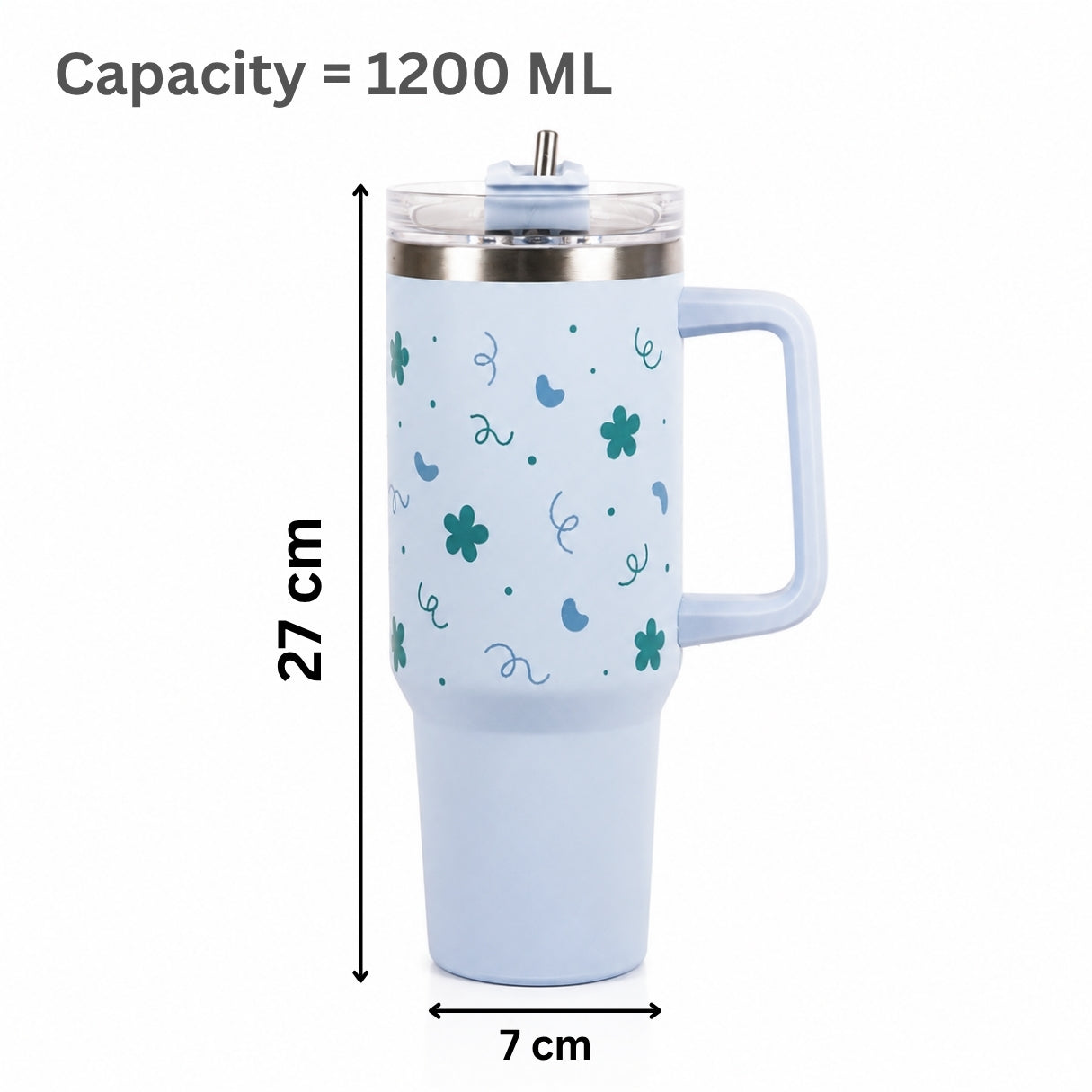 Blue Floral & Heart Print Tumbler – Insulated Travel Tumbler with Handle & Straw