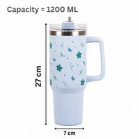 Blue Floral & Heart Print Tumbler – Insulated Travel Tumbler with Handle & Straw