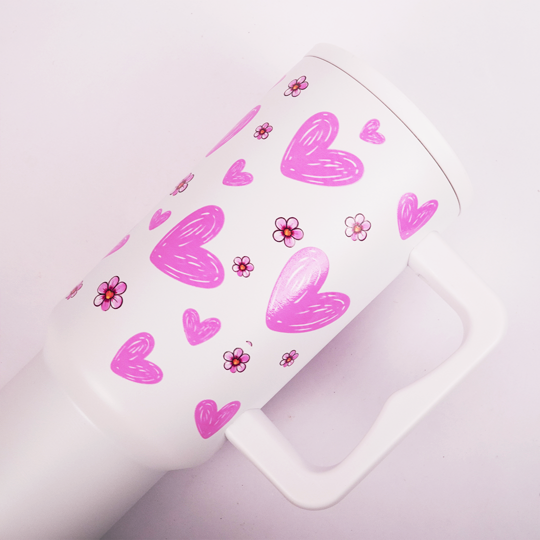 Pink Floral Heart Print White  Travel Tumbler with Handle & Straw