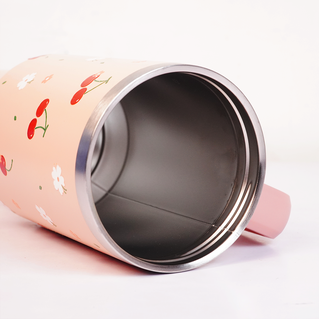 Peach Strawberry Heart Tumbler with Straw & Handle – Cute Floral Travel Tumbler