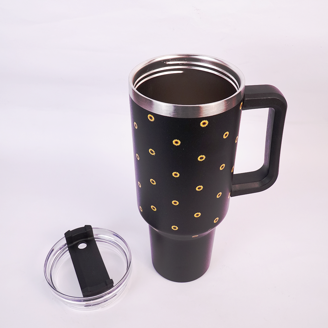 Black Sunflower Tumbler with Handle & Straw – Cute Floral Reusable Travel Cup for Women & Girls