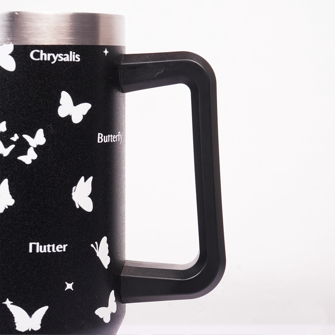 Black Butterfly Print Tumbler with Straw & Handle – Insulated Travel Coffee Cup