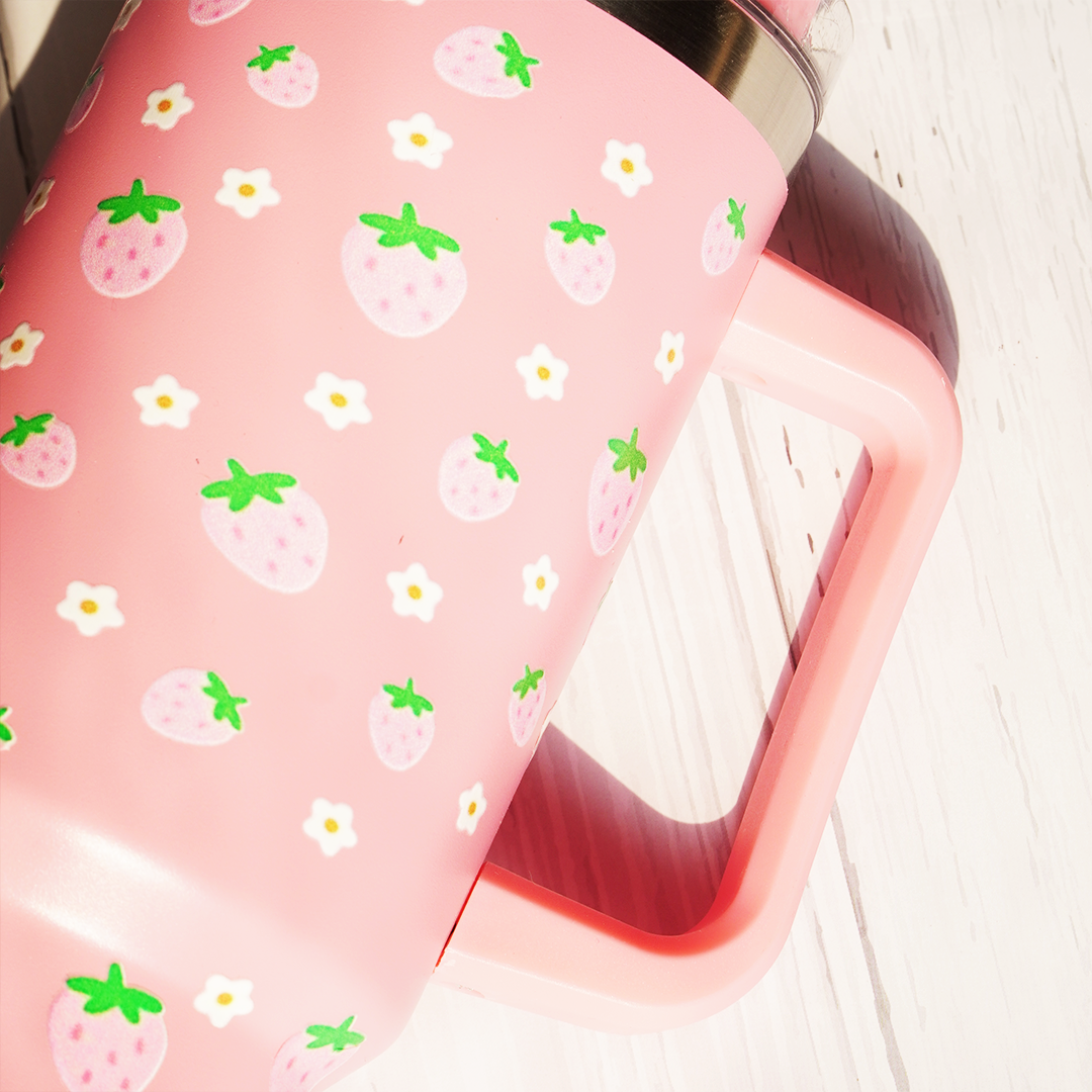 Cute Strawberry Stainless Steel Tumbler with Straw & Handle