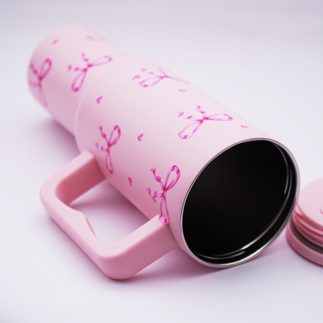 Pink Bow Stainless Steel Travel Tumbler with Handle & Leakproof Lid | Double Wall Vacuum Insulated Coffee Mug