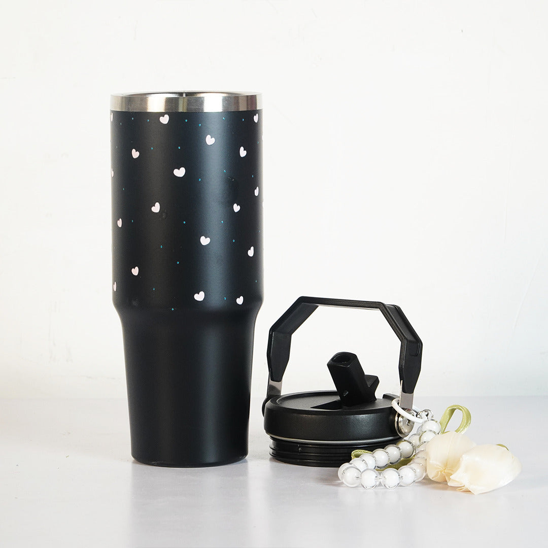 Aesthetic Heart Print Stainless Steel Tumbler with Floral Charm