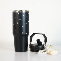 Aesthetic Heart Print Stainless Steel Tumbler with Floral Charm