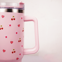 Pink Cherry & Floral Print Tumbler – Insulated Travel Tumbler with Handle & Straw
