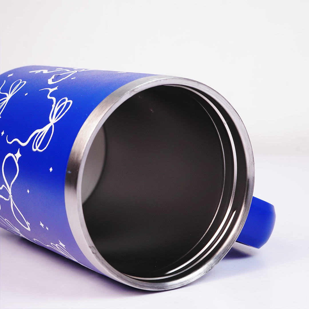 Royal Blue Bow Tumbler with Straw & Handle – Elegant Ribbon & Sparkle Print Travel Tumbler