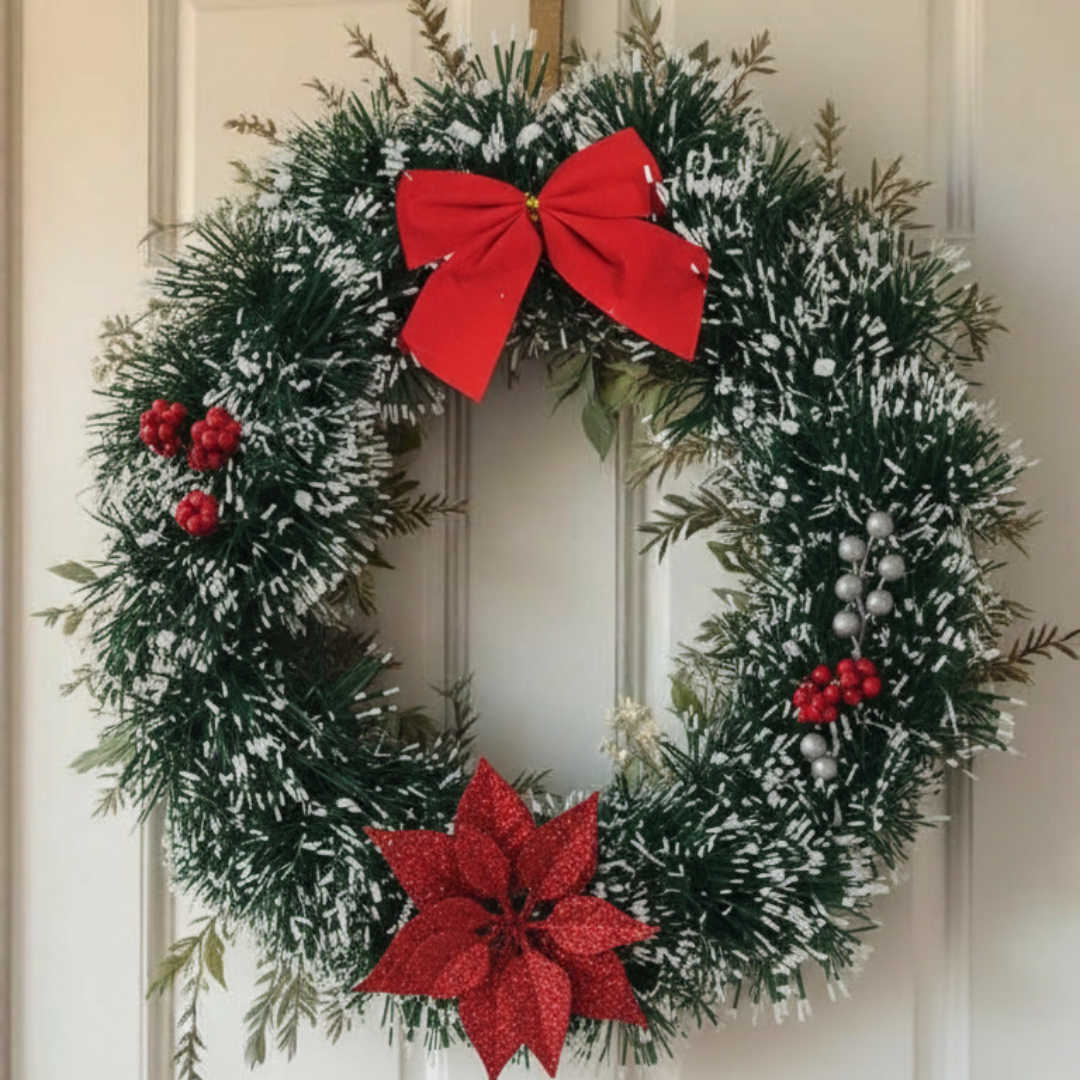 Snow-Frosted Christmas Wreath with Red Bow & Silver Flower