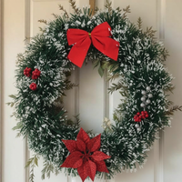 Snow-Frosted Christmas Wreath with Red Bow & Silver Flower