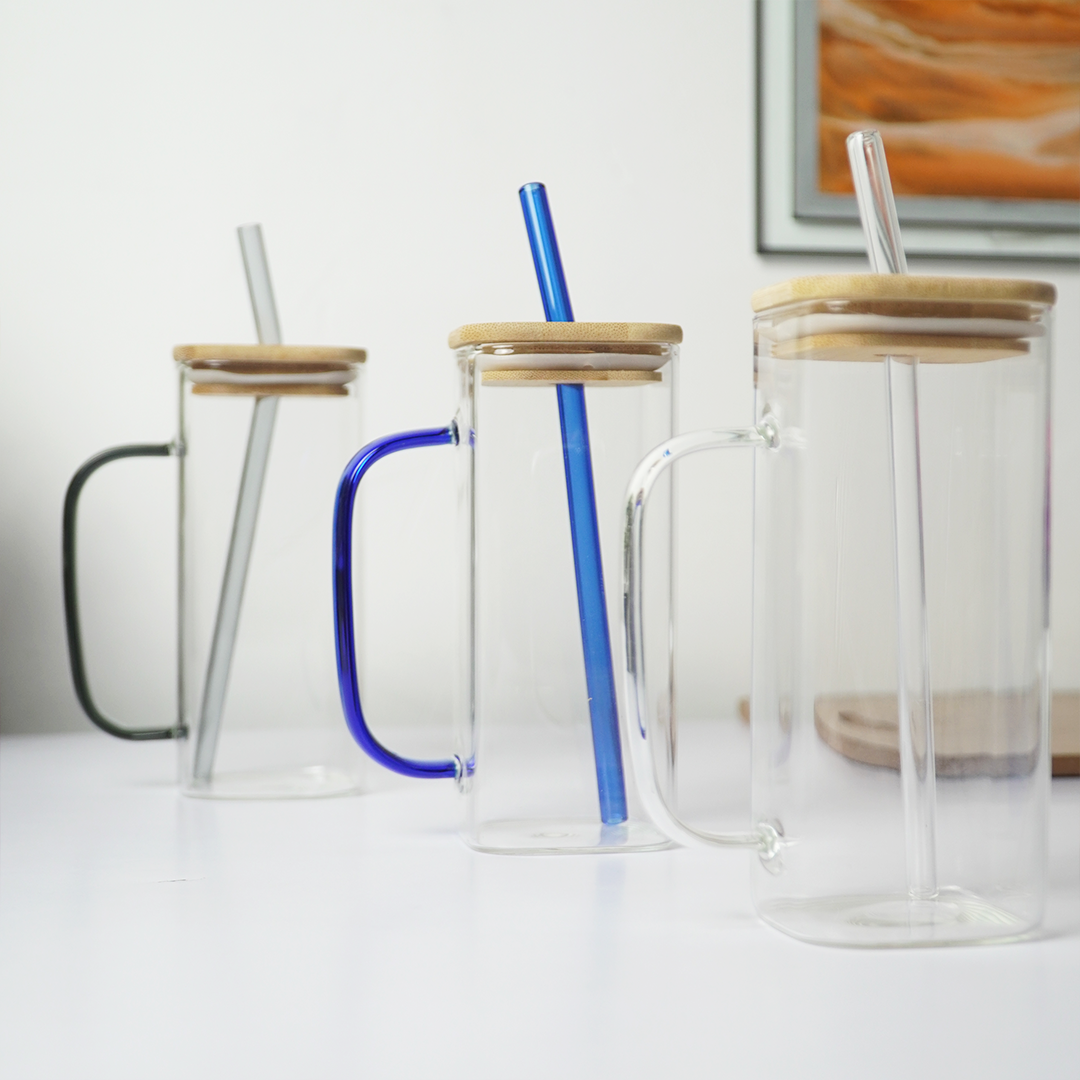 Glass Mug with Bamboo Lid & Reusable Straw | Clear Drinking Glass with Handle for Coffee
