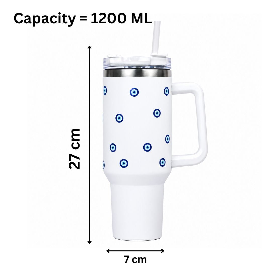 White Evil Eye Print Tumbler with Straw & Handle