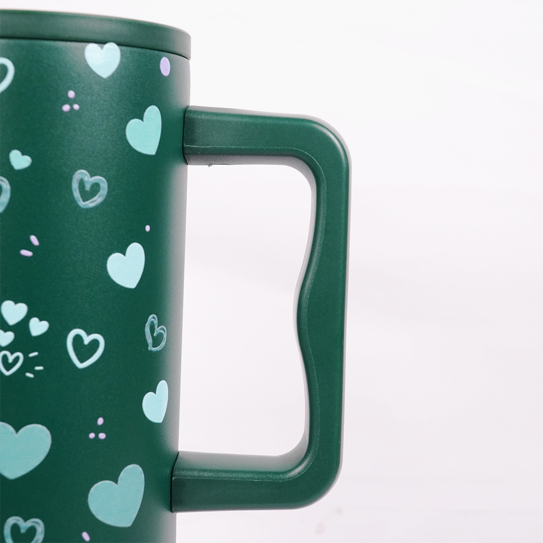 Green Heart Print Tumbler with Straw & Handle