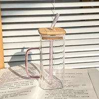 Vintage Square Glass Mug 400ml with Lid and Straw