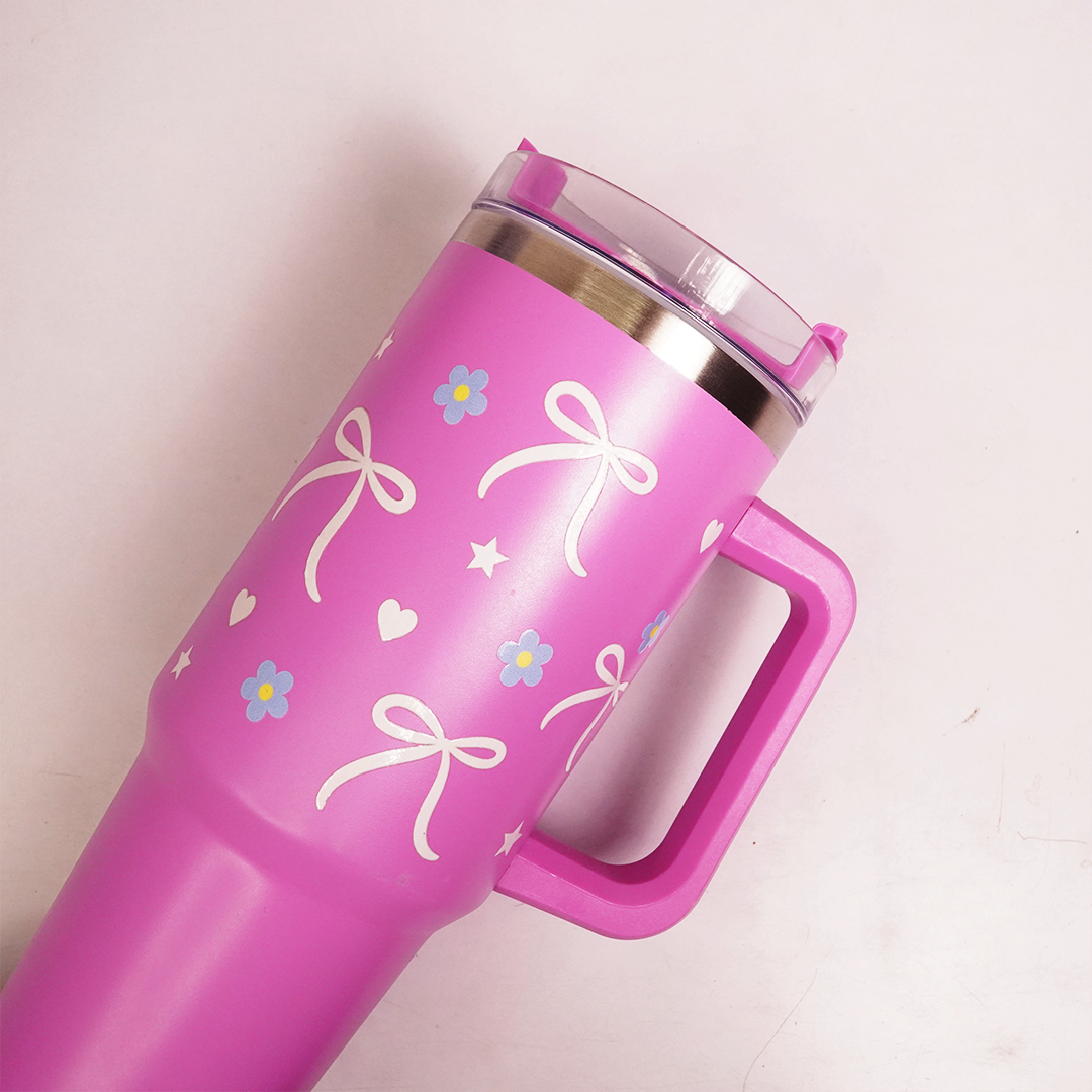 Bow & Floral Print Tumbler with Handle & Straw | Reusable Travel Water Cup | Stylish Drinkware