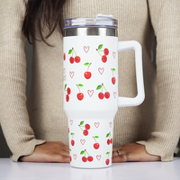 1200ml Cherry Print Insulated Stainless Steel Tumbler with Handle & Straw | Leakproof Travel Mug | Hot & Cold Beverage Cup | Height 27 cm, Width 7 cm