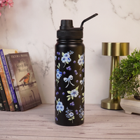 Black Floral Print Stainless Steel Water Bottle