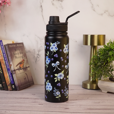 Black Floral Print Stainless Steel Water Bottle