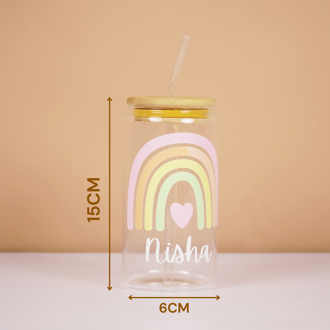 Personalized Rainbow Glass Tumbler with Straw | Cute Aesthetic Name Jar