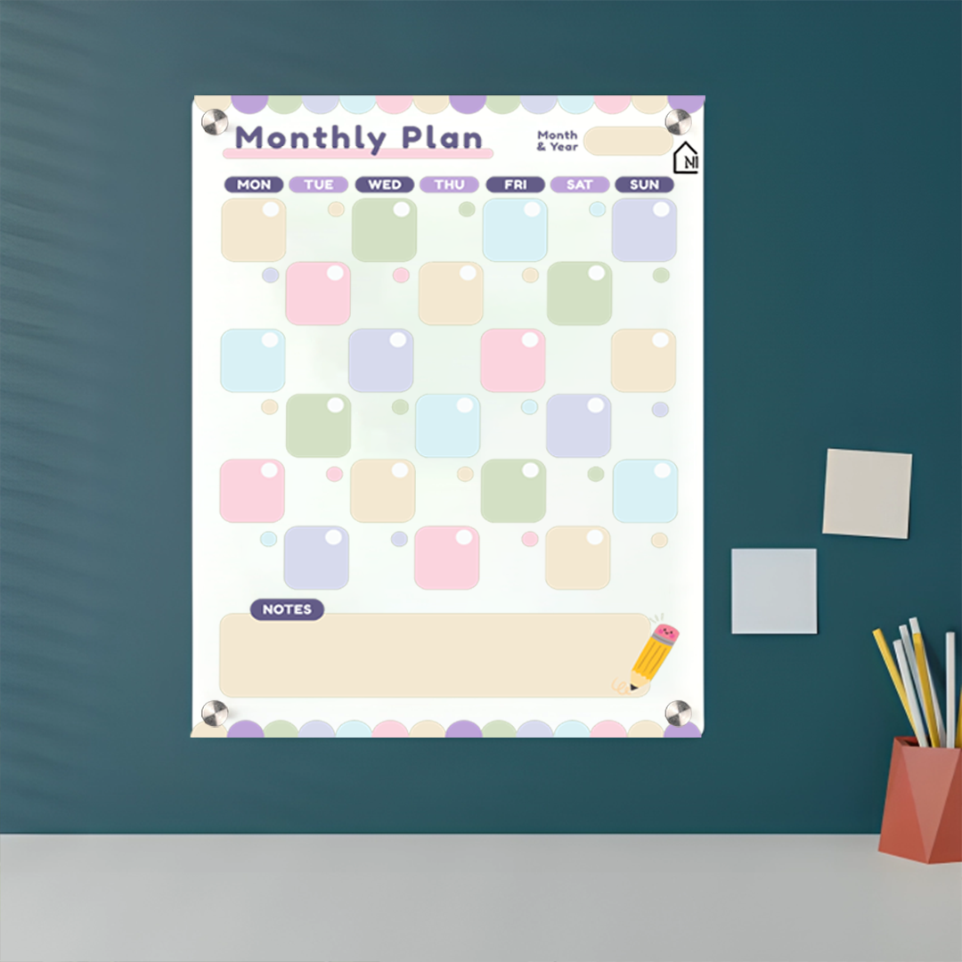 Colorful Acrylic Monthly Milky Planner Board with Notes Section – Reusable Wall Calendar for Home & Office